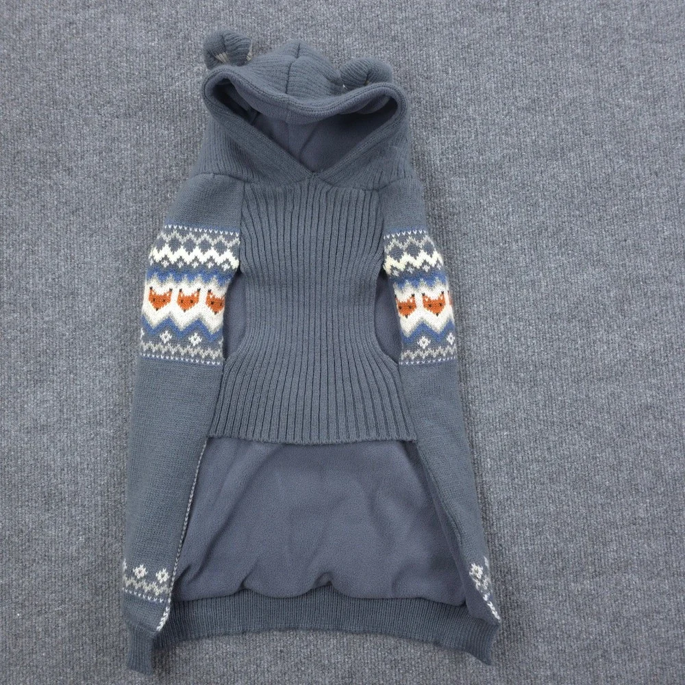 Dog Sweater Large Blue Acrylic Fox Fair Isle Hooded Pet Winter Coat